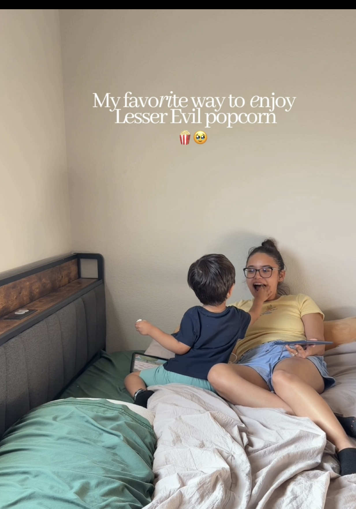 My favorite way to enjoy Lesser Evil popcorn 🍿 Cozy vibes + snack time… but of course my little one had to join in 😅 @LesserEvil Snacks  #bestpopcorn #lesserevilyum #SnackTime #MomLife #CozyVibes 