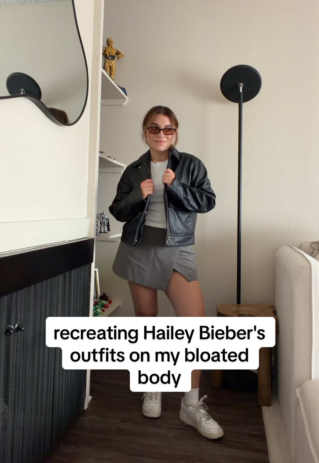 attempting my first Hailey Bieber outfit on my bloated 5ft frame 🤎✨ I’m obsessed with her effortless LA street style! Here’s how I tweaked the proportions to work for my short, bloated body without losing that Hailey vibe.  tagging the products below 👇Would you try this look? Let me know if the comments.  @UNIQLO USA mini t-shirt  @ZARA skirt and jacket  @Nike air force 1 shoes  #haileybieber #haileybieberstyle #outfit #bloated #outfitinspo 