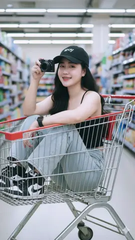 #Aiทำถึงเกิ๊น  1.เข้าแอฟ Gemini 2.เลือกรูป  3.ป้อนคำสั่ง (prompt)  สร้างภาพจาก ภาพบุคคลต้นฉบับ ให้นั่งอยู่ในรถเข็นคันใหญ่ที่พอจะนั่งได้ข้างในนั้นทั้งตัวของซุปเปอร์มาร์เก็ต โดยรถเข็นเอียงข้างนิดๆ แขนขวาพาดบนขอบรถเข็น ขาทั้งสอง ข้างนั่งชันเข่าอยู่ข้างในรถเข็น ให้ทั้งตัวและขาทั้งสองข้างอยู่ในกระเช้ารถเข็นท่าทางดูสบายและมั่นใจ ห้ามเอาขาออกมา ในอยู่ในตัวรถเข็น ลุคเท่ๆ อยู่ใซุปเปอร์มาร์เก็ต มุมมองด้านข้าง แสงรอบข้างนุ่มนวล เน้นเงาและมิติ การแต่งกายสวมกางเกงยีนส์สีอ่อนขากระบอก สวมเสื้อสายเดี่ยวสี ดำ ใส่หมวกแก๊ปสีดำปักโลโก้