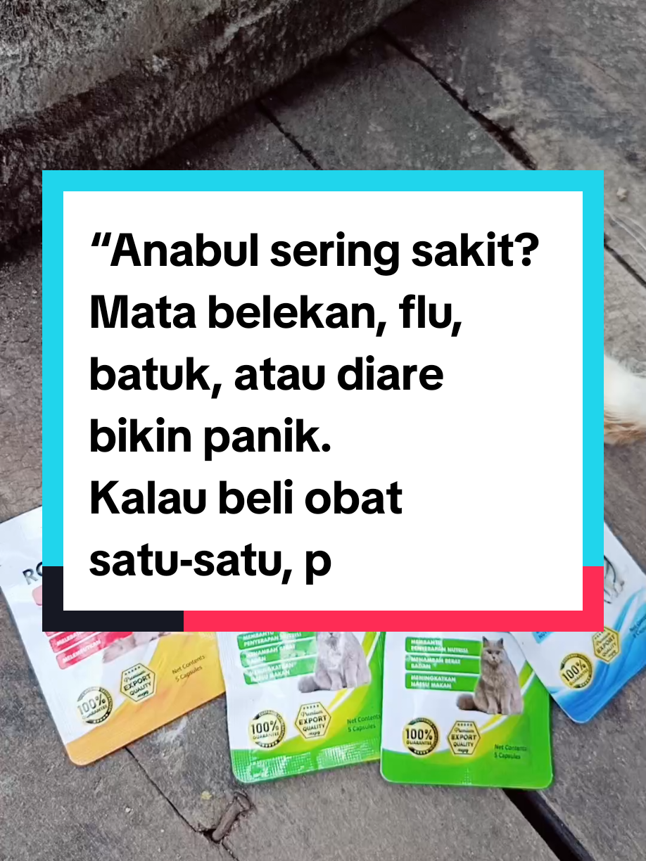 “Anabul sering sakit? Mata belekan, flu, batuk, atau diare bikin panik. Kalau beli obat satu-satu, pasti mahal dan ribet. Sekarang nggak perlu bingung lagi! Ada Paket Murah Obat Royal Care, isi lengkap: obat mata, obat flu & batuk, booster imun, obat cacing, sampai obat diare. Bisa untuk kucing maupun anjing kesayangan. Murah, praktis, dan aman! Klik keranjang sekarang, biar anabul sehat setiap hari.”