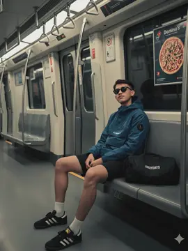 Edit foto pria ( pada gambar ) menjadi sedang duduk di dalam kereta MRT/metro dengan suasana modern dan bersih. Ia mengenakan jaket anorak biru dengan tudung dan beberapa saku di bagian depan. di lengan kiri, terdapat logo lensa khas C.P Company, celana short pants hitam sangat pendek dan sepatu Adidas London Warna Utama: Hitam (untuk bagian atas sepatu). Detail Garis (Three Stripes): Tiga garis khas Adidas, dengan kombinasi warna putih dan merah marun(merah gelap). Tab tumit (Heel Tab): merah(atau merah gelap), terlihat kontras dengan bagian atas hitam, juga kacamata hitam barel bags AWAYDAYS diletakkan dikursi sampingnya. pose menyilangkan kaki kepala di sandarkan ke kaca. Pandangan melihat ke atas ( seperti sedang tidur ) Ekspresi wajahnya tenang. Latar belakang memperlihatkan pintu kereta, pegangan tangan digantung, serta iklan pizza Domino's yang menempel di jendela. Pencahayaan sedikit redup khas transportasi umum bawah tanah dengan nuansa perkotaan modern. #geminiai #formatgmini #foryoupage #fypシ゚ 