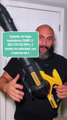 Soplador de hojas inalámbrico SOARFLY, 650 CFM/130 MPH y 3 niveles de velocidad, con 2 baterías de 4.0 Ah y cargador rápido, para jardín, soplado de hojas, polvo, garaje, nieve #soarfly #sopladoradehojas #tiktokshop #tools #herramientas 