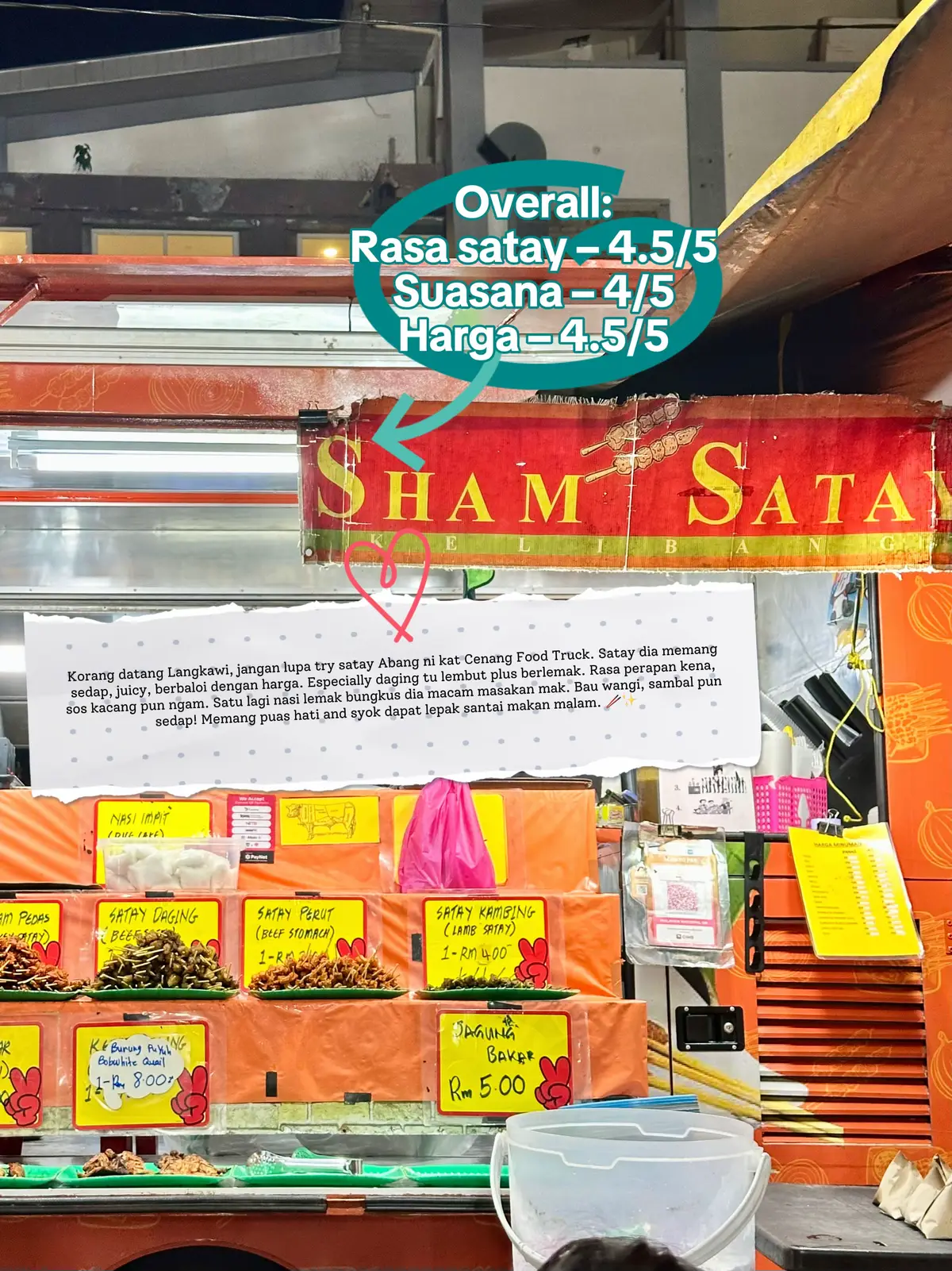 Korang datang Langkawi, jangan lupa try satay Abang ni kat Cenang Food Truck. Satay dia memang sedap, juicy, berbaloi dengan harga. Especially daging tu lembut plus berlemak. Rasa perapan kena, sos kacang pun ngam. Satu lagi nasi lemak bungkus dia macam masakan mak. Bau wangi, sambal pun sedap! Memang puas hati and syok dapat lepak santai makan malam.  #langkawi #satay #foodtruck #streetfood #nasilamak 