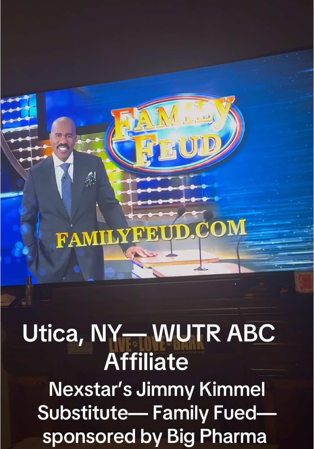 Nexstar in Utica NY chose to not air Jimmy Kimmel tonight and put in Family Fued instead. You’ll never guess who is advertising in this timeslot.  I’ll give you a hint.  Rhymes with pig  karma #jimmykimmel #nexstar #sinclair #FCC 