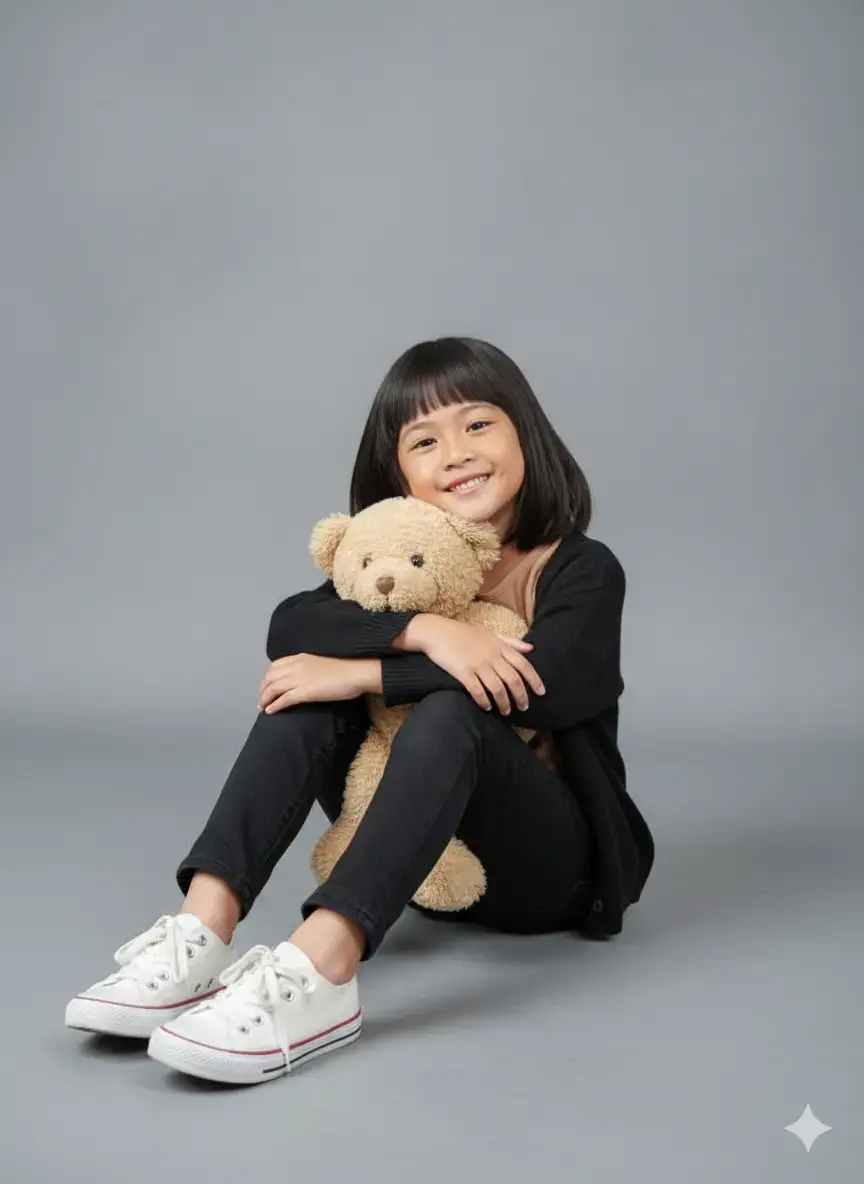 Edit foto ini menjadi anak perempuan cantik usia 6 tahun duduk santai di studio foto dengan Photoshop CS5 extended version oleh foto profesional dengan menggunakan cardigan hitam dan blouse warna coklat muda celana jeans panjang hitam dan sepatu snackers putih memegang boneka.tanpa merubah wajah  Selamat mencoba 🤝☺️  #geminiai #fomo #fypppp #fashionwanita #fotostudio 
