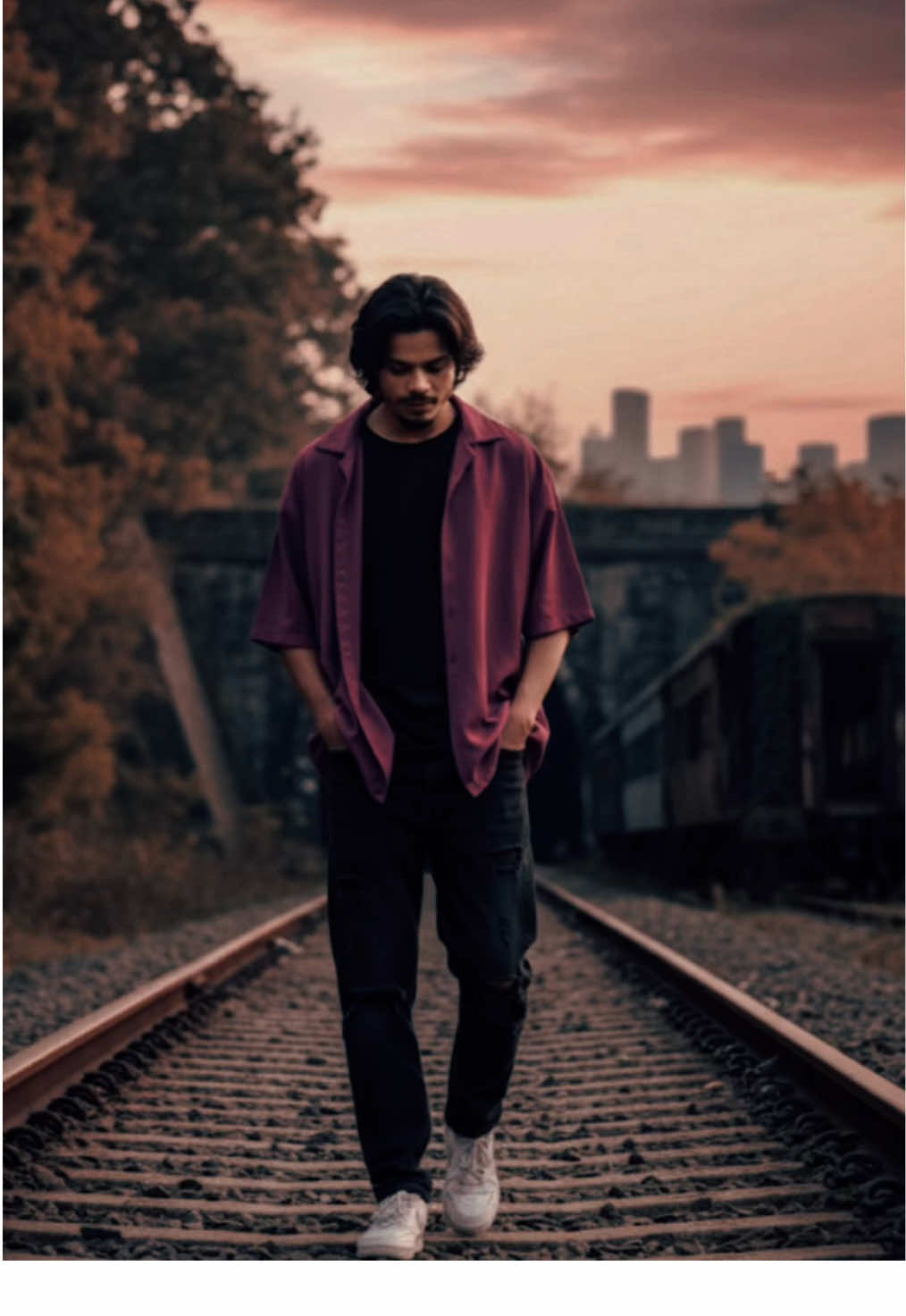 Professional prompt ideas in ChatGPT &GoogleGemini⚜️ Step 1: OpenGoogle gemini Step 2: Select the Image Step 3: Paste the prompt Prompt⬇️ Create by using 100% same face Cinematic 8K wide-angle low angle shot: young man in purple open-collar oversized shirt, black baggy denim pants, nike white sneakers, tousled hair, walking on abandoned railway track at golden hour, hands in pockets, background bokeh, abandoned tunnel, train coach, trees, dramatic sky, distant urban horizon, rich natural color grading, soft golden light, mood of solitude and journey closer view #googlegemini #aiart #editingtutorial #prompt #ibii_malik 