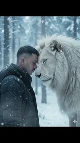 #Gemini Ai photo prompt: Cinematic emotional portrait of a man standing forehead-to-forehead with a white lion in a snowy forest. Both have closed eyes, showing trust and bond. The man wears a dark winter jacket. Soft snowfall, misty blue tones, shallow depth of field, emotional and heartwarming atmosphere #tiktoktrend #โสด #เทรนวันนี้ #สตอรี่ของหมี 
