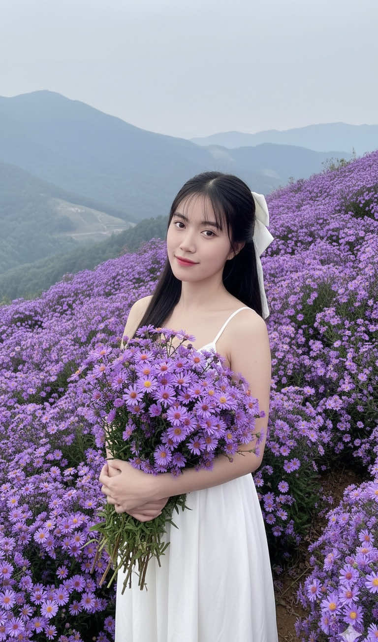 Floral dreams 💐✨ Prompt : Create an image where the face looks exactly like the woman exactly face photo in the attached photo. She is wearing a long white spaghetti-strap dress, with long straight dark hair styled half-up, tied with a large white bow at the back. She is standing in the mountains painted with the vibrant purple hues of blooming asters, breathtakingly. She is holding a bouquet of asters in her arms, surrounded by the blossoming flowers on Mount Kamaksan. The scenery is stunning, with endless fields of purple flowers. Make it a beautiful close-up shot, with a relaxed pose. Don't change face appearance.  #gemini #ai #trend #photoshoot #fyp 