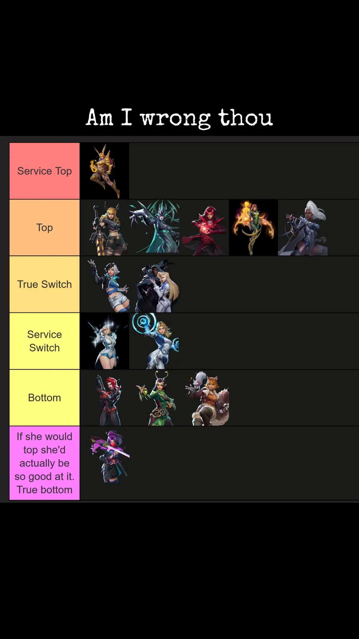 Honestly, sometimes you just gotta think about it. Am I wrong though? Why? Do you agree? #marvelrivals #wlw #tierlist #toporbottom #magiktopme 