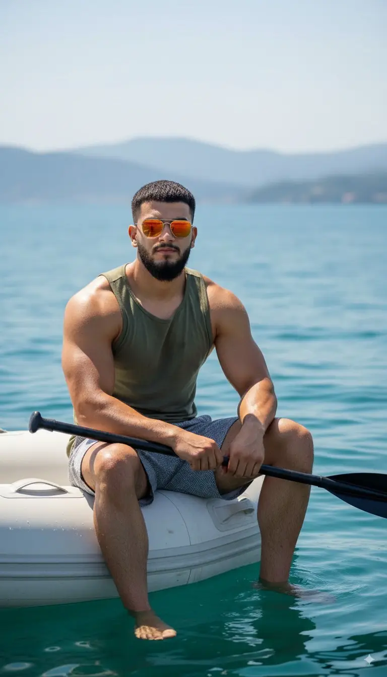 Ultra HD, 8K resolution, hyper-realistic outdoor portrait of a muscular man sitting confidently on a white inflatable boat in the middle of a calm blue sea. He is wearing an olive-green sleeveless tank top and gray patterned shorts, showing off his toned arms and legs. He has short, well-styled dark hair, a groomed beard, and is wearing stylish orange-tinted sunglasses. His posture is relaxed yet strong, with one arm resting on his leg and the other holding a paddle.emphasizing his athletic physique. His skin glistens slightly in the sunlight capturing the summer vibe. The background features a clear blue ocean with faint outlines of distant hills under a bright sky.The lighting is natural daylight, highlighting muscles, skin texture and water reflections. Editorial fashion photography, cinematic beach lifestyle, ultra-detailed textures, sharp focus on the subject with soft depth of field in the background, magazine cover quality ultra-real details.#chatgpt #gemini #prompt #edit #fyppppppppppppppppppppppp 