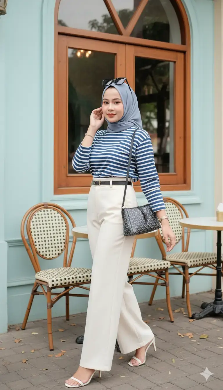 Edit gambar ini Tanpa mengubah wajah asli, sedang berdiri santai di depan kafe bergaya vintage. la mengenakan hijab berwarna nude kuning yang dililit rapi tanpa lipatan berlebihan. Atasan yang dikenakannya adalah kemeja kuning dan blazer kuning muda yang dimasukkan ke dalam rok panjang model palazzo berwarna putih gading. Di pinggangnya terdapat sabuk kulit hitam dengan gesper kecil. la membawa tas tangan bermotif geometris (mirip motif Goyard) berwarna abu-abu, digantung di bahu kiri. Wanita ini memakai sandal tinggi berwarna putih elegan , Kacamata hitam besar di atas kepala. Berpose seakan sedang berjalan, kaki kanan di depan sementara kaki kiri di belakang, wajahnya santai dan Tersenyum ke arah kamera. Latar belakang adalah dinding kuning pastel dengan jendela kayu besar, serta meja dan kursi kafe dengan motif mewah. Nuansa pencahayaan hangat, suasana outdoor, dedaunan kering di lantai, dan kesan estetik ala street fashion hijab modern. Rasio 9:16. #gemini #trend #like #fyppppppppppppppppppppppp #tiktokviral 