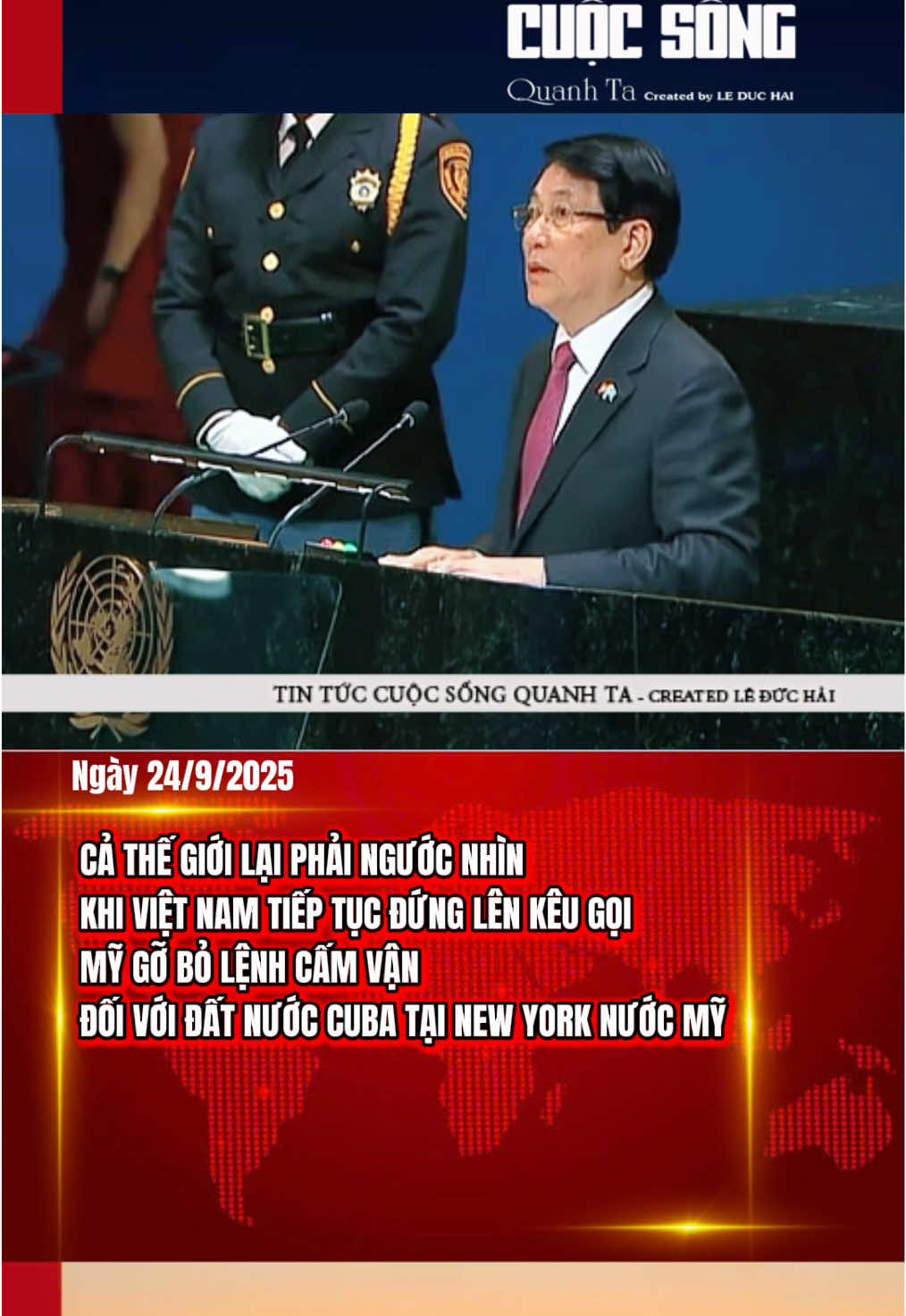 Cả thế giới lại một lần nữa phải ngước nhìn khi Việt Nam tiếp tục đứng lên kêu gọi Mỹ gỡ bỏ lệnh cấm vận đối với người anh em Cuba .  Bài phát biểu của Chủ tịch nước Lương Cường trước Đại hội đồng Liên Hợp Quốc ngay trên nước Mỹ . #cuocsongquanhta #tintuc #chutichnuoc #cuba #chutichnuocluongcuong 