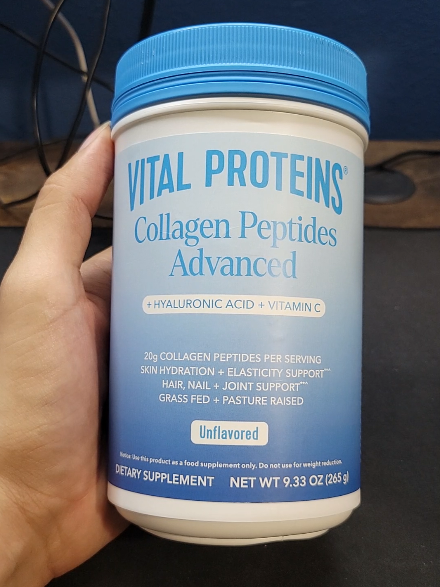 Vital Proteins Collagen Peptides Advanced 😁 It contains 20g of Collagen Peptides per serving, Hyaluronic Acid, Vitamin C, and 18g of protein 🙌 In my experience my skin, hair, and nail quality improved 👍 Do your own research 👌 #Collagen #cillagenpeptide #colageno 