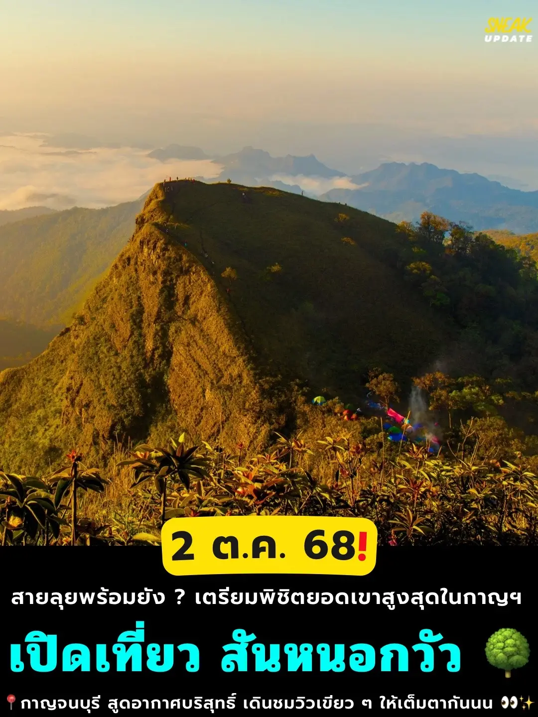 📅 2 ต.ค. 68 - 15 ก.พ. 69 📍เขาสันหนอกวัว อุทยานแห่งชาติเขาแหลมหญ้าเปิดฤดูกาลท่องเที่ยวแล้วจ้าาา✨ ยอดเขาที่สูงที่สุดในกาญจนบุรี มีความสูงถึง 1,767 เมตร ⛰️ งานนี้ใครเป็นสายเดินป่าห้ามพลาดเลย เตรียมรองเท้าคู่ใจ แล้วไปลุยป่า สูดอากาศบริสุทธิ์ ฟังเสียงนกร้อง เดินชมวิวเขียว ๆ ให้เต็มตากั๊นนน 🍃ใครพร้อมลุยแล้วยกมือขึ้นนน 🙌 . 🎒เปิดจองเดินป่าได้ตั้งแต่วันนี้เป็นต้นไป (เปิดรับจองเป็นรอบเดือน รอบแรกรับจองเฉพาะของเดือนต.ค. 68) 📲 สอบถามข้อมูลเพิ่มเติม 0 3451 0431  ⏰ 09.00 - 16.00 น. . #sneakoutthailand #sneakout #สันหนอกวัว #เขาแหลมหญ้า #เปิดฤดูกาลท่องเที่ยว   