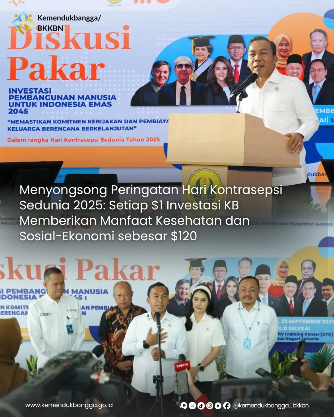 Halo, Sobat Kemendukbangga/BKKBN! 👋🏻 Investasi Keluarga Berencana (KB) merupakan intervensi yang sangat efektif dan efisien dari sisi anggaran, dengan Rasio manfaat-biaya sebesar $120. Ini berarti setiap $1 investasi KB akan memberikan manfaat kesehatan dan sosial-ekonomi bagi masyarakat sebesar $120. Data tersebut dikemukakan Menteri Wihaji di depan peserta Diskusi Pakar bertajuk, “Investasi Pembangunan Manusia untuk Indonesia Emas 2045: Memastikan Komitmen Kebijakan dan Pembiayaan Keluarga Berencana Berkelanjutan”, di Gedung University Training Centre (UTC) Universitas Negeri Jakarta (UNJ), Jakarta, Senin (22/09/2025).  