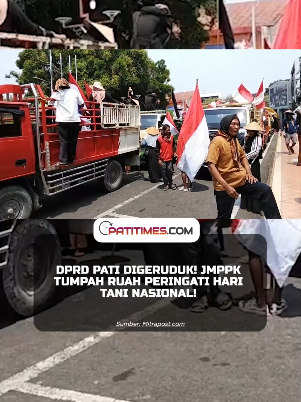 JMPPK menggelar aksi demo di depan DPRD Pati pada Rabu (24/9/2025) untuk memperingati Hari Tani Nasional. Massa membawa hasil bumi dan spanduk tuntutan, termasuk soal tanah Pundenrejo. Aksi dikawal ketat oleh polisi. #HariTani2025 #JMPPKBeraksi #DPRDPati #TanahUntukRakyat #Pundenrejo 