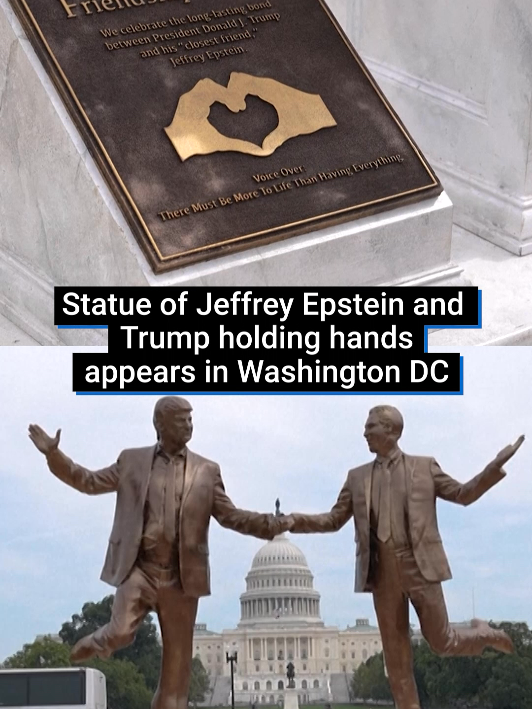 A mysterious 12-foot statue of Donald Trump and the late sex offender Jeffrey Epstein has appeared in Washington DC. It shows the two holding hands beneath a plaque celebrating their 'long-lasting bond.' #donaldtrump  #jeffreyepsteinisland  #epstein  #us #washingtondc