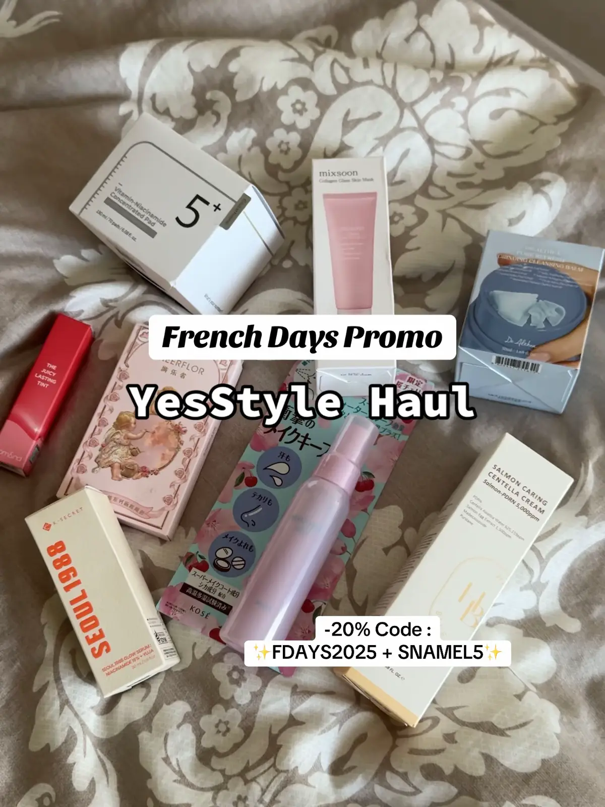 ✨FDAYS2025 + SNAMEL5 ✨ -15% + -5% sur tous le site ! Les French days 🇫🇷 sur YesStyle du 23 au 29 septembre ! Produits mentionnés : - Dr. Althea - Pore Refresh Grinding Cleansing Balm - numbuzin - No.5+ Disques concentrés en vitamines et niacinamide - KSECRET - SEOUL 1988 - Sérum éclat niacinamide 15% yuja - HEVEBLUE - Crème apaisante saumon et Centella - mixsoon - Collagen Glass Skin Mask - CHEERFLOR - Brilliant Secret Series Palette de 10 fards à paupières - romand - The Juicy Lasting Tint [5- Jujube] - Kose - Make Keep Mist EX+ @YesStyleInfluencers @YesStyle  #YesStyle #YesStyleInfluencers  #YSFrenchDays #kbeauty #promo