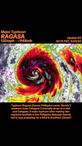 HTTD: How’s Ragasa Doing? UPDATE 3 - Major Typhoon Ragasa (former PH name ‘Nando’): As Typhoon Ragasa currently holds the title of the strongest tropical cyclone so far into the 2025 Worldwide Cyclone Season, Ragasa itself has been struggling with maintaining its intensity as it gets extremely close to the coasts of Southern China, now down to a mid-end Category 3 major typhoon, in which the storm is expected to make landfall in the region within the next 4 to 6 hours. As of right now, Typhoon Ragasa currently has maximum sustained winds of up to 120mph (~195kph) with an estimated central air pressure of 948mb, moving west-northwest at an estimated speed of 16mph. Ragasa currently just lies under 20 miles (~30km) away from making landfall in Southern China through the Guangdong province; however, as mentioned above, the storm’s west-northwestward movement may cause the storm to delay making an official landfall by at least a few hours, though, unfortunately, landfall is indeed inevitable. Rainfall estimates throughout the Guangdong and Hainan provinces in China come in at slightly more than 12 inches (>~300mm), enough for life-threatening flooding. Videos coming from impacted regions show extremely strong wind gusts and heavy rainfall from Typhoon Ragasa. Meteorological agencies expect the storm to maintain typhoon status of at least Category 1 on the SSHWS until it gets back to waters via the Gulf of Tonkin, where the storm is subject to sea surface temperatures of over 31 degrees Celsius for a brief timeframe (<6 hours) before making its final landfall in Northern Vietnam, where an additional 7 inches (~175mm) of rainfall is likely to be dumped from Ragasa. The storm is expected to dissipate by the 26th of September, according to the JTWC’s latest advisory. Future updates coming soon! #fyp #foryou #fypシ #ragasa #typhoonragasa #majortyphoonragasa #philippines #babuyanislands #china #guangdong #hainan #vietnam #typhoonseason #2025typhoonseason #wpac #westernpacific #typhoon #update #category3 #httd #howsthetropicsdoing? 