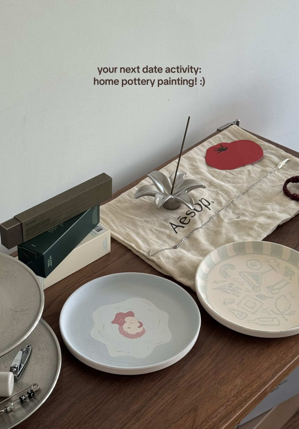 new date activity for the homebodies ☁️ ; home pottery painting by @Oh Glorious Clay x Home With The Chans (more details on their page!!!)