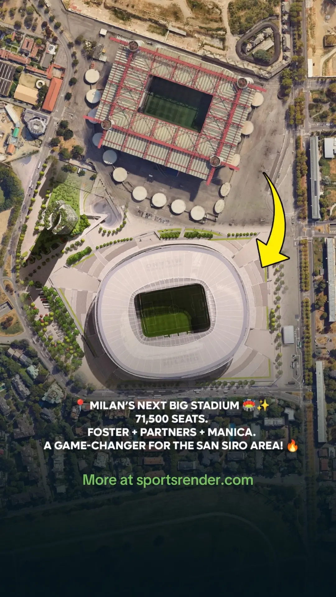 The Future Milan & Inter Stadium Is Coming! Both teams are preparing for one of the most ambitious stadium projects in Europe. A brand-new 71,500-seat stadium is set to rise in the San Siro district — designed by two global giants: Foster + Partners and MANICA. 🏟️ Two steep tiers for perfect visibility ♿ Top-level accessibility for all fans 💡 Sustainability & innovation at the core 🌍 A landmark for the future of Milan 👉 Discover the full story and all the details about this project at 🌐 sportsrender.com