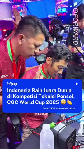 Tim teknisi ponsel asal Indonesia 'Borneo Flasher' sukses meraih juara di ajang Circuit Global Championship (CGC) World Cup 2025 yang digelar di Ghuangzou, China (17/09/2025). Tim Borneo Flasher sukses mengalahkan pesaing internasional dan menyelesaikannya dalam waktu 5 menit 39 detik 91 milidetik. Mereka dapat membuktikan bahwa tim teknisi ponsel Indonesia dengan kemampuan dan semangatnya mampu bersaing dipanggung global. Proud! 🇮🇩👏 #fyp #teknisiponselindonesia #cgcworldcup2025 #viral