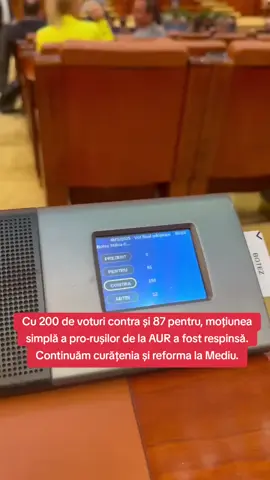 Cu 200 de voturi contra și 87 pentru, moțiunea simplă a pro-rușilor antiromâni de la AUR a fost respinsă. Continuăm curățenia și reforma la Mediu. #România #NuRusia #fyp #viral #viralvideo 