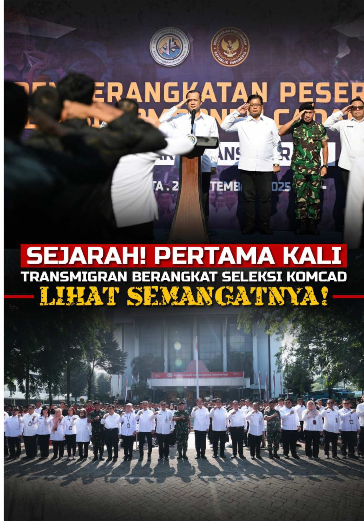 Pada Rabu (24/9), telah dilakukan upacara pelepasan 306 peserta calon seleksi komponen cadangan (komcad) dari unsur transmigrasi yang berkolaborasi dengan Kementerian Pertahanan. Lebih dari 90 persen peserta calon seleksi komcad merupakan transmigran lokal yang berasal dari Papua Selatan, Kalimantan, Nusa Tenggara Timur, Sulawesi, hingga Aceh. Para calon komcad akan melaksanakan pendidikan militer dasar selama dua bulan di Kodiklat TNI AD, Bandung.
