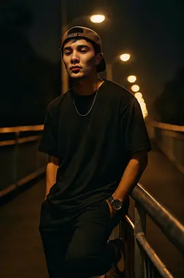 geminiai prompt Sinematik ultra realistis, potret seorang pria muda seperti wajah terlampir bergaya kasual di malam hari. la mengenakan kaos oversized hitam, celana hitam, sneakers cokelat-putih, jam tangan besar di tangan kiri, kalung rantai tipis, serta topi cokelat dipakai terbalik. rambut hitam lurus sedikit berantakan. Pose bersandar santai di pagar jembatan penyeberangan, satu kaki ditekuk ke pagar, satu tangan di saku. Latar belakang terlihat lorong panjang jembatan penyeberangan dengan pagar besi kiri kanan, lampu jalan berjajar menyala hangat, suasana malam yang tenang, langit gelap pekat. Pencahayaan dramatis dari lampu jalan menciptakan nuansa moody dan stylish. –ar 9:16#foruyou #ai #fypシ゚viral🖤tiktok 