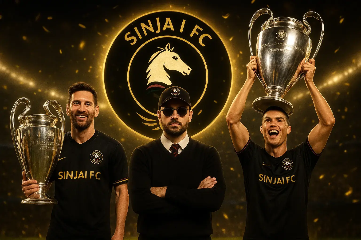 Momen bersejarah! Cristiano Ronaldo dan Lionel Messi kini berseragam SINJAI FC, berdiri bersama manajer kebanggaan kami. Dengan semangat juang yang luar biasa, kami berhasil membawa pulang TROFI UCL! Sorakan penonton menggema di seluruh stadion, confetti emas berterbangan, dan logo SINJAI FC bersinar megah di belakang kami. Hari ini bukan sekadar kemenangan — ini adalah bukti kerja keras, perjuangan, dan kebersamaan. 💛⚫ Terima kasih untuk semua pendukung setia yang selalu ada di belakang tim. Inilah awal dari era baru kejayaan SINJAI FC! 🔥