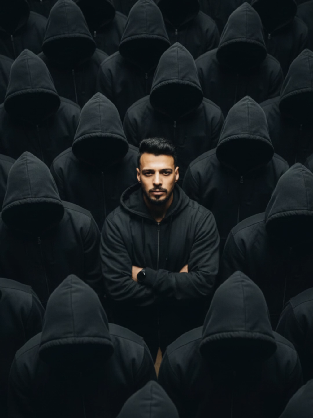 Ultra-realistic cinematic group portrait in the style of a rap/hip-hop album cover. Top-angle shot looking slightly downward, filling the entire frame with a dense crowd of people. The main subject (male or female depending on input photo) is positioned in the center of the crowd, their face the only one clearly visible, sharp, natural, and preserving the original facial features in high detail. Use balanced soft cinematic lighting on the main subject's face: clear and natural without harsh shadows or overexposure, blending smoothly with the dark atmosphere. The surrounding crowd remains in moody dramatic lighting, with hoods up and faces fully hidden in shadow. The subject is dressed exactly like the group to match their style. No empty background visible - the whole frame is filled with hooded figures surrounding the subject. Subtle cinematic contrast: naturally illuminated face vs. dark faceless crowd. Professional photography aesthetic, album cover style, 8k resolution #ai #gemini #chatgpt #tutorial #prompt 