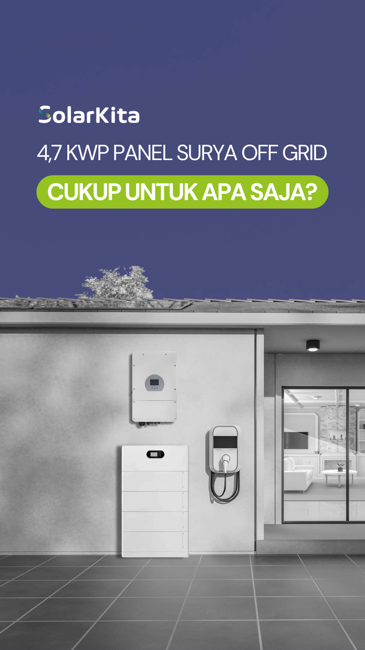 Pertanyaannya seberapa besar listrik rumah yang bisa dibantu Panel Surya Off Grid? Yuk cek gambaran kapasitas Panel Surya Off Grid 4,74 kWp ini 👋 Klik link di bio untuk info lengkap & konsultasi gratis pemasangan bersama SolarKita🙌
