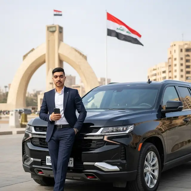 A powerful professional shot of a well-dressed Iraqi man in a fitted suit, holding the iPhone 16 close to his chest. He is standing very close to a 2025 black Chevrolet Tahoe, leaning slightly on its hood. The background shows Tahrir Square, with the Freedom Monument and Iraqi flag, giving the scene strong cultural context.