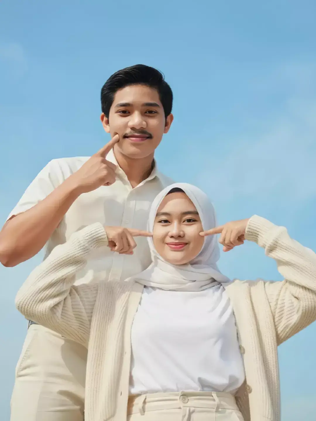 Caranya 🔻🔻 1.Buka google chrome 2.Ketik pencarian geminiai 3.Tekan tanda + lalu tambahkan dua Poto klik selesai 4.Tempelkan teks yang sudah di salin 5.Tekan tanda panahnya 6.lalu tunggu sampai selesai. Prompt :  Edit foto ini seorang pria dan seorang wanita berhijab, berpose di depan langit biru cerah dengan ekspresi ceria dan penuh kasih sayang. Pria tersebut berdiri di belakang wanita, dengan senyum lebar dan kumis yang rapi. Wanita tersebut mengenakan hijab berwarna putih atau krem, dengan senyum yang sama cerahnya.   Keduanya menunjuk pipi mereka masing-masing dengan jari telunjuk, menciptakan pose yang lucu dan menggemaskan. Pria itu mengenakan kemeja lengan pendek berwarna krem atau putih gading, dipadukan dengan celana panjang dengan warna yang senada. Wanita itu mengenakan sweater rajut berwarna krem atau putih gading di atas kaos putih polos, dipadukan dengan celana panjang dengan warna yang sama.   Latar belakangnya adalah langit biru cerah tanpa awan, memberikan kesan cerah dan optimis. Pencahayaan alami dan lembut, menciptakan bayangan yang halus dan menonjolkan ekspresi wajah mereka.   Detail Tambahan:   - Subjek: Pasangan muda yang sedang berbahagia dan menikmati waktu bersama. ​ - Pakaian: ​ - Pria: Kemeja lengan pendek (krem/putih gading), celana panjang (krem/putih gading) ​ - Wanita: Hijab (putih/krem), sweater rajut (krem/putih gading), kaos (putih polos), celana panjang (krem/putih gading) ​ - Pose: Menunjuk pipi dengan jari telunjuk, tersenyum lebar, saling berdekatan. ​ - Latar Belakang: Langit biru cerah tanpa awan. ​ - Suasana: Ceria, penuh kasih sayang, lucu, dan menggemaskan. #fyp #geminiai #foryoupage #polaroid 