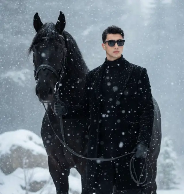 ‏high-resolution professional ‏photoshoot of an elegant man in luxurious ‏black winter clothing and black sunglasses, ‏standing beside a majestic black horse while ‏holding its reins. Snow is falling heavily ‏around them, with a misty winter background ‏creating a realistic and stylish atmosphere. #
