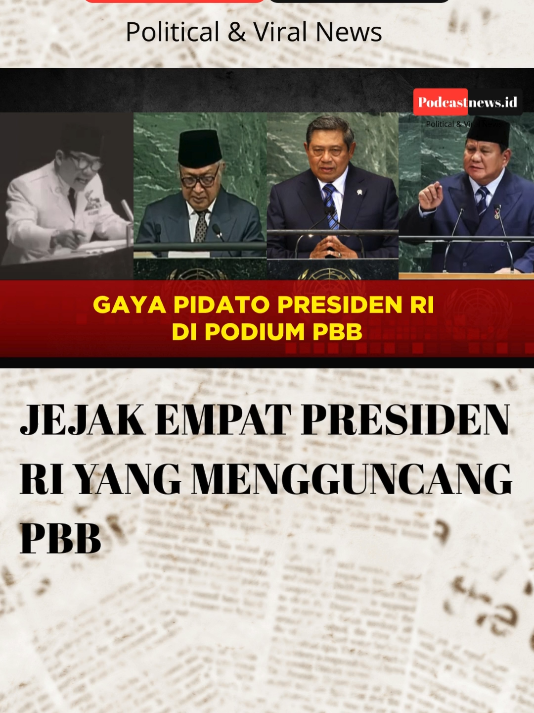 Lima dari delapan Presiden yang pernah memimpin Indonesia hingga saat ini pernah merasakan berpidato di podium kehormatan dalam Sidang Majelis Umum PBB, yang berlangsung di New York, Amerika Serikat. Di mulai dari Presiden RI ke-1 Soekarno yang mengawalinya pada Sidang Umum PBB ke-15 pada 30 September 1960.  Kemudian dilanjutkan oleh Presiden RI ke-2 Soeharto yang berbicara di podium yang sama pada Sidang Umum PBB ke-47 pada 1992 dan Sidang Umum PBB ke-50 pada 1995. Selanjutnya ada Presiden RI ke-5, Megawati Soekarnoputri yang tercatat dua kali hadir langsung untuk mengikuti Sidang Umum PBB pada 2001 dan 2003. Tradisi tersebut kemudian dilanjutkan oleh Presiden RI ke-6 Susilo Bambang Yudhoyono yang tercatat 6 kali menghadiri Sidang Umum PBB selama dua periode kepemimpinannya. Setelah 10 tahun absen di pemerintahan Presiden RI ke-7 Joko Widodo (Jokowi), Presiden RI ke-8 Prabowo Subianto kembali mengguncang podium PBB saat tampil berapi-api di Sidang Umum PBB ke-80 pada Selasa 23 September 2025. #sidangumumpbb #pbb #unitednations #soekarno #soeharto #sby #prabowo #newyork #amerikaserikat #tiktokberita #beritatiktok #podcastnews #viralvideo #fyp