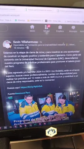 Estamos en la etapa de cierre de mina y para nosotros es una oportunidad de construir un legado positivo y sostenible para Cajamarca. Como parte del convenio con la Universidad Nacional de Cajamarca (UNC), desarrollamos nuestro programa de prácticas profesionales para promover el talento joven del Perú. Si eres egresado y/o bachiller 2024 II o 2025 I (no titulado), estás en el tercio superior, buscas crecer profesionalmente, cuentas con disponibilidad para realizar tus prácticas por 12 meses a más de 3600 m.s.n.m. y contribuir a un cierre de mina responsable, ¡este es tu momento! Postula aquí: https://bit.ly/4pEn0oh