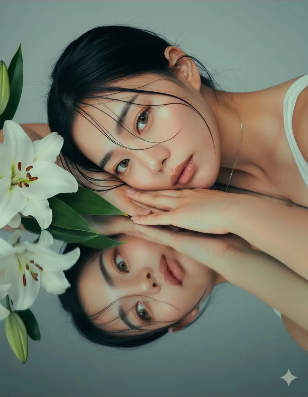 Prompt :  Sebuah potret dreamy seorang wanita cantik yang berbaring anggun di samping bunga lili putih, dengan kepalanya yang bersandar lembut di atas lengannya, tercermin sempurna pada permukaan hitam yang mengilap. Pencahayaan sinematik yang lembut menyoroti kulitnya yang bercahaya dan fitur wajahnya yang halus, dengan helaian rambut basah yang membingkai wajahnya. Suasana terasa ethereal, romantis, dan artistik, dengan atmosfer yang tenang, ultra-realistis, detail tinggi, fotografi studio profesional, 8K. #Ai #geminiai #photoshoot #prompt #fyppppppppppppppppppppppp 