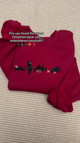 The cutest Christmas embroidered black cats sweatshirts available in our shop 🎄 🐈‍⬛ 🎁 ✨ #christmas #christmastok #christmastiktok #christmasgiftideas #christmassweater 