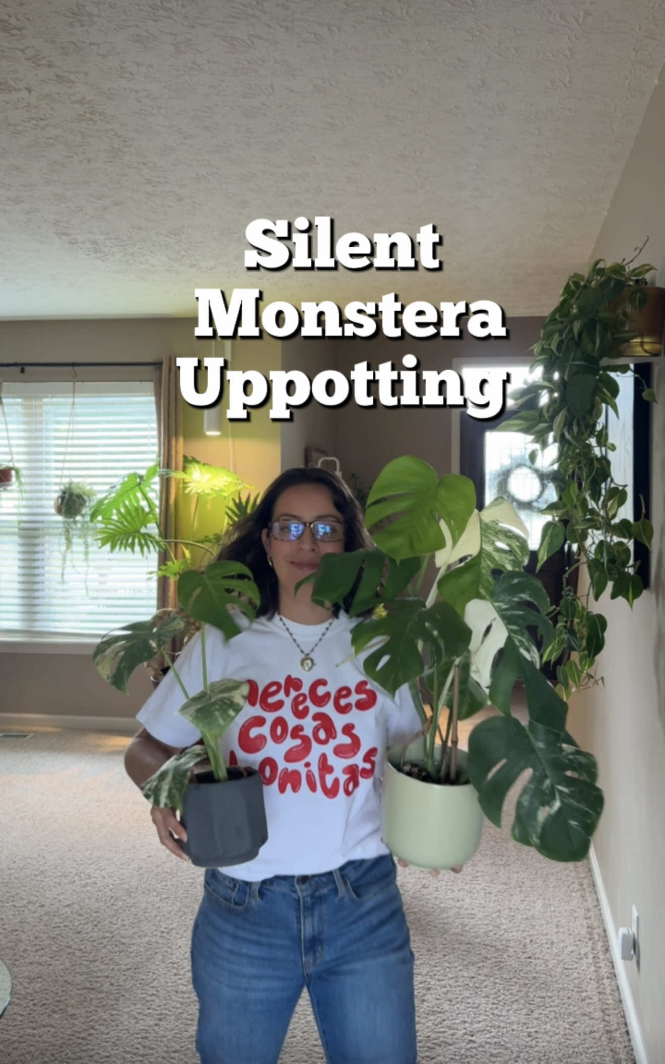 Monstera mint & monstera albo were screaming for space.  Mereces cosas bonitas/you deserve pretty things shirt from @Shopjzd_  For my soil mix, I usually measure like I do my cooking, with my heart, but l measured to to help guide you: If I'm not using coco chips: 50% indoor potting soil 25% perlite 25% orchid bark If I'm using coco chips: 35% indoor poting soil 15% perlite having chunky soil 35% coco chips 15% orchid bark #monsteracaretips #monsteraalbo #monsteramint #plantrepotting 