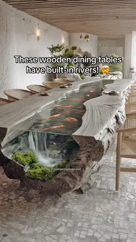 Absolutely stunning wooden dining tables that have built-in flowing rivers! Some with fish! I think I need one! 🤯👏👏 #woodworking #aquarium #interiordesign #tiktokmademebuyit 