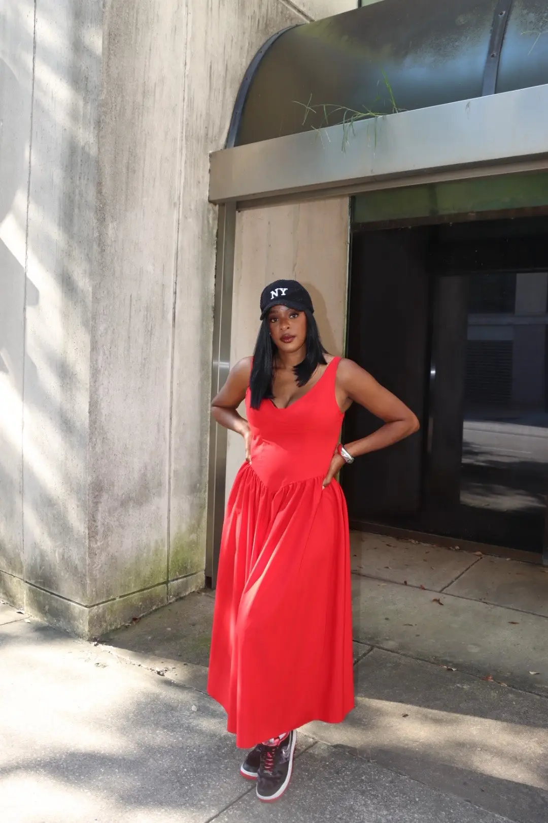 Bold dress, classic hat, comfy kicks…and the sweetest moment with my little one to finish the look. I’m all about effortless fashion that still feels elevated—and I’ve linked the exact pieces plus similar budget finds on my website + Pinterest so you can steal the vibe. Shop & pin every detail → twentyishthirty.com #OOTD #RedDressStyle #ContentCreator #FashionFinds #StyleInspo          