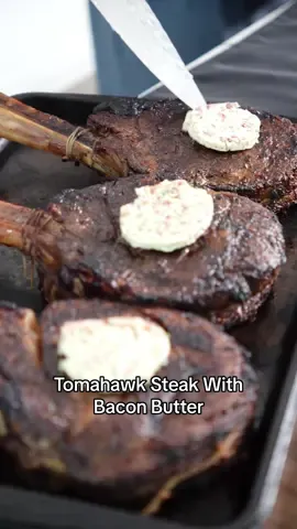 Big steak energy. 🥩🔥 USDA Certified Tender Tomahawk Steak + bacon butter = the ultimate flex for steak night. Bacon Butter Ingredients: 2 sticks unsalted butter, room temperature 4 slices Omaha Steaks Applewood Smoked Steak-Cut Bacon 1 small shallot, finely diced 4 cloves garlic, grated 3 tablespoons finely chopped fresh parsley 1.5 tablespoons reserved bacon fat 2 teaspoons fresh squeezed lemon juice 2 teaspoons kosher salt, Diamond Crystal 📸 Grilseeker