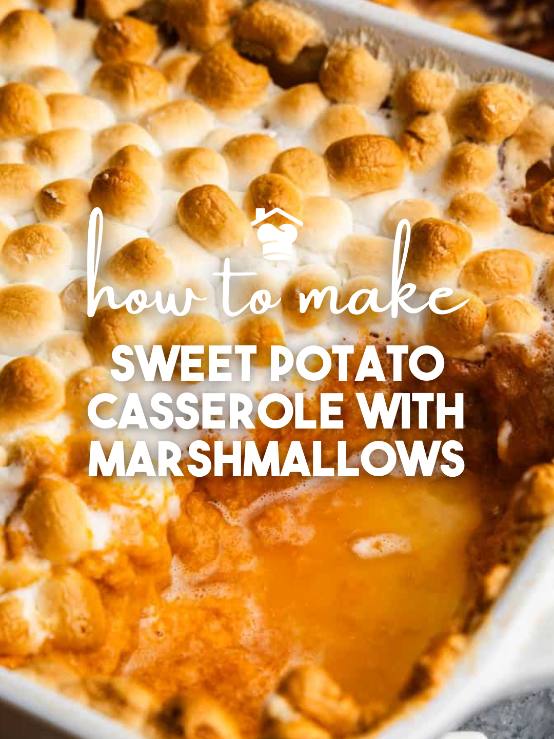 Buttery caramelized sweet potato casserole topped with mini marshmallows toasted to perfection until perfectly brown and gooey. #casserole #fallrecipes #dinner #thanksgiving