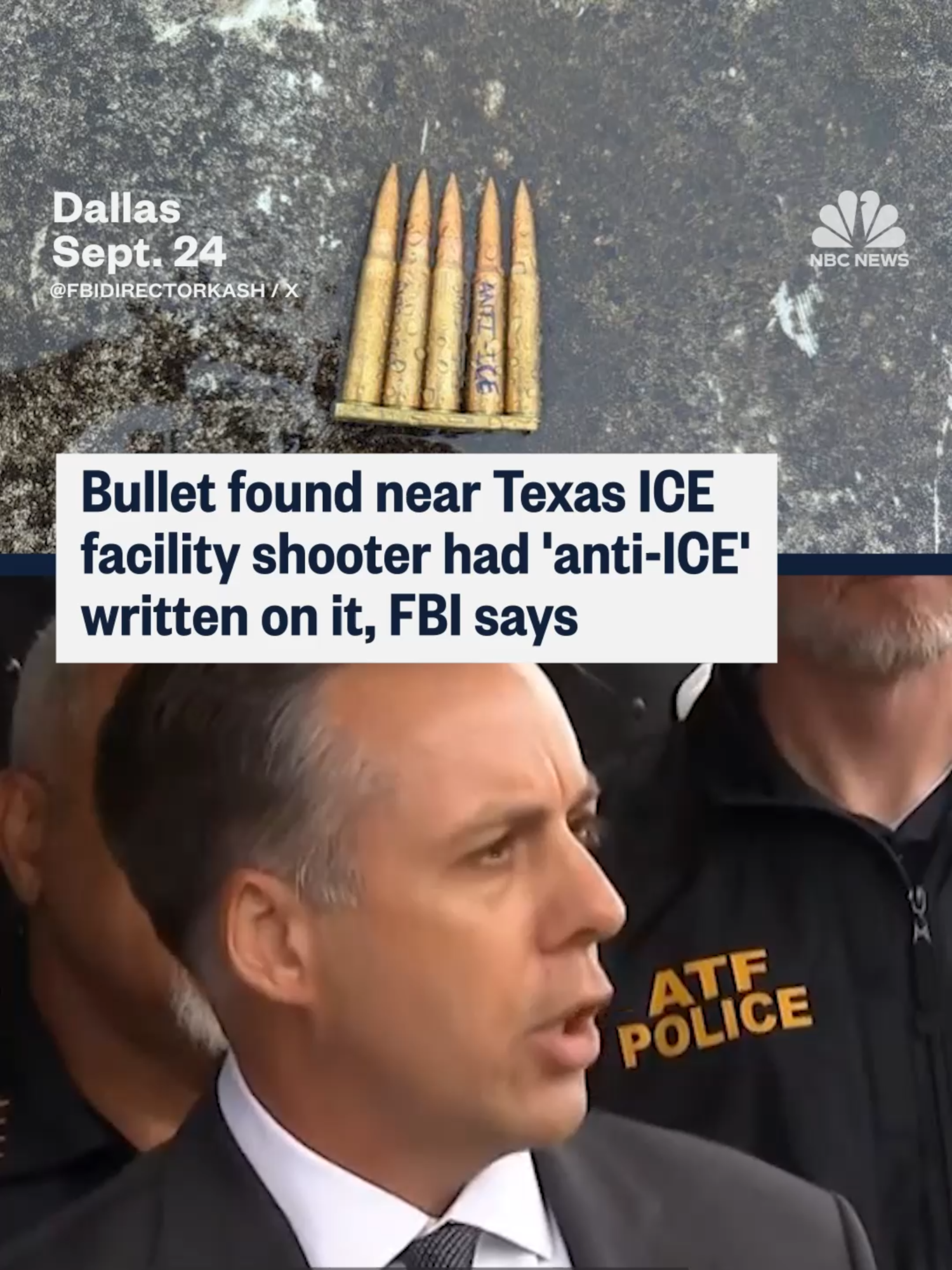 FBI Director Kash Patel posted a photo of shell casings that he says were found near the suspected #Dallas ICE field office shooter, who was dead when police got to the scene. One of the bullets had the words “anti-ICE” written on it.