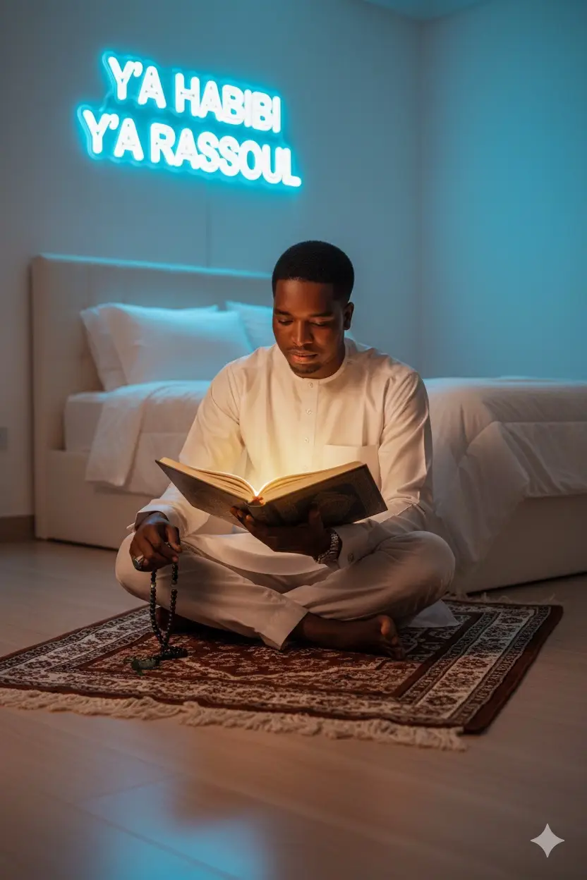 Crée une image ultra réaliste en 8K de la personne sur la photo assise sur un tapis de prière dans une chambre paisible et moderne, éclairée dans des tons blancs et doux. Elle tient dans ses mains un grand livre coranique ouvert, baigné d'une lumière chaleureuse venant de la page. Dans son autre main baissé, un chapelet long (sebha) glisse doucement entre ses doigts. Derrière elle, le mur affiche une enseigne lumineuse 