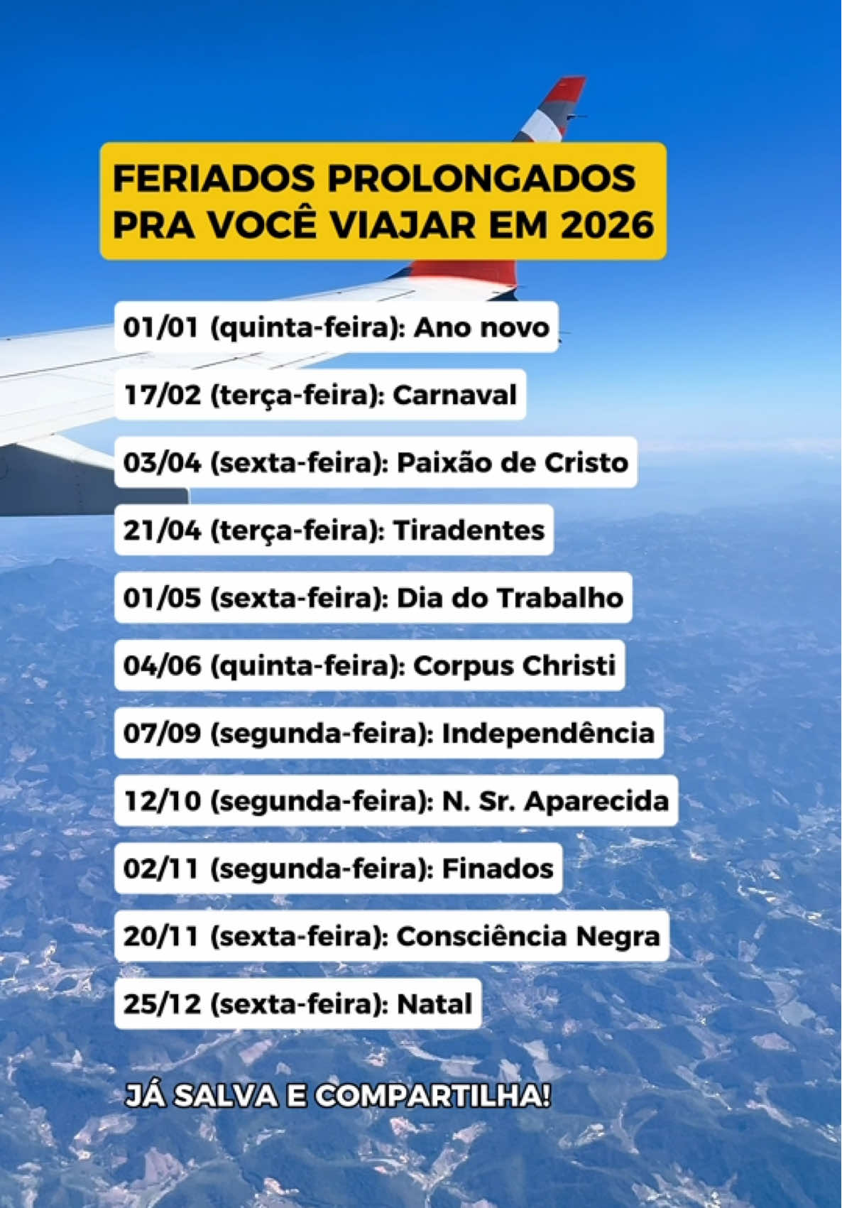 ⭐️ Lista de feriados prolongados para você viajar em 2026. Já comece o seu planejamento para viajar muito pelo Brasil e o mundo! ✈️ Fique de olho nas promoções de passagens, pacotes e hospedagens. 👉 Já segue o perfil que vamos compartilhar as melhores promoções e cupons de desconto por aqui 😎 #viagem #feriados #ferias #viajarbarato #viajando 