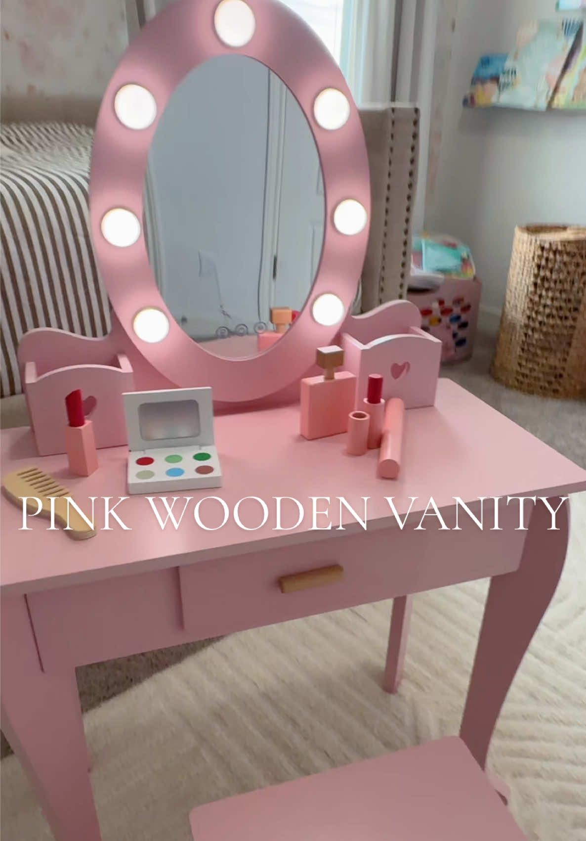 🥹💖 This pink vanity is the sweetest addition to any girls room — comes with a lighted mirror, storage, and stool! #vanity #kidsroomdecor #pink #toddlergirl #girlstoys 