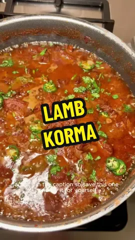 Easy lamb korma  Reserved for weddings growing up, but now mastered in my own kitchen I used a packet masala this time… keeping it simple, next time I’ll grind my own, just for you  Save this recipe for a trip down memory lane Ingredients:  3 tbsp ghee 2 large white onions, thinly sliced 2 tbsp ginger & garlic paste 1 kg lamb shoulder, cut into bite sized pieces 1 packet korma masala  100g Greek yoghurt 2–3 green chillies Small handful of fresh coriander, chopped Heat the ghee in a heavy-bottomed pot. Add the onions and cook slowly until golden brown. Remove and set aside to cool. In the same pan, add the lamb (you shouldn’t need more oil, the fat will render down). Fry until browned all over. Add the korma masala and mix well so the lamb is fully coated in the spices. Pour in 500ml of water and bring to a simmer. Gradually stir in the yoghurt, then add the green chillies. Cover with a lid and cook gently on low heat for 1.5–2 hours, until the lamb is tender. Remove the lid and continue simmering until the sauce has thickened. Blitz the fried onions with a splash of water to make a paste. Stir this into the curry once the sauce has thickened. Finish with fresh coriander and serve hot with naan or rice. #LambKorma #ShaadiKorma #PakistaniFood #EasyRecipes #IndianFood      