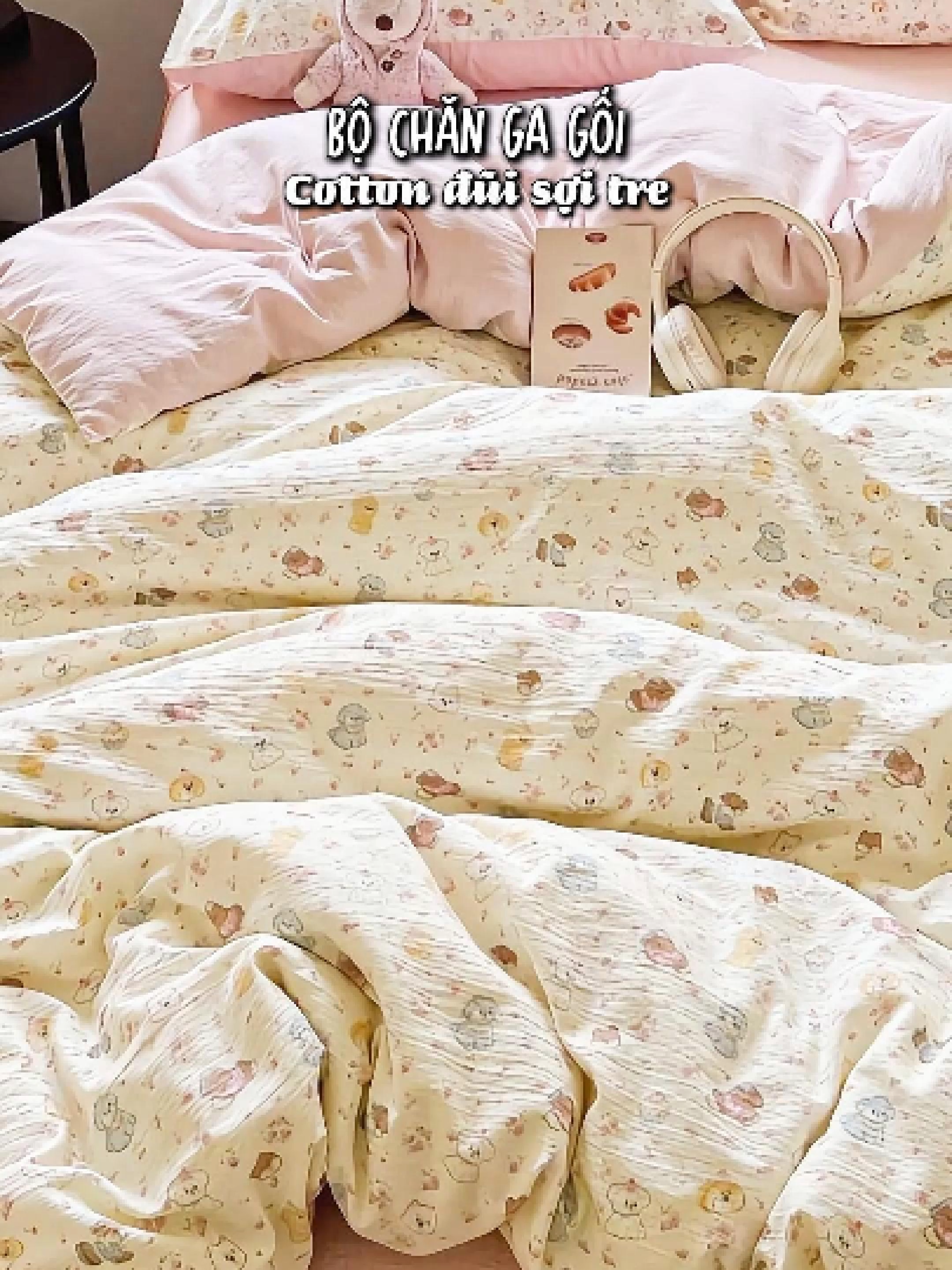 Mã 67 | Bộ Vỏ Chăn Ga Gối Cotton Đũi Sợi Tre 4 Món Mềm Mịn, Họa Tiết 3D Dễ Thương #bovochangagoidui #bochangacotton #bonvochangagoi